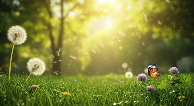 Fototapeta Bright spring afternoon in a blooming garden with butterflies and dandelions near a gentle breeze