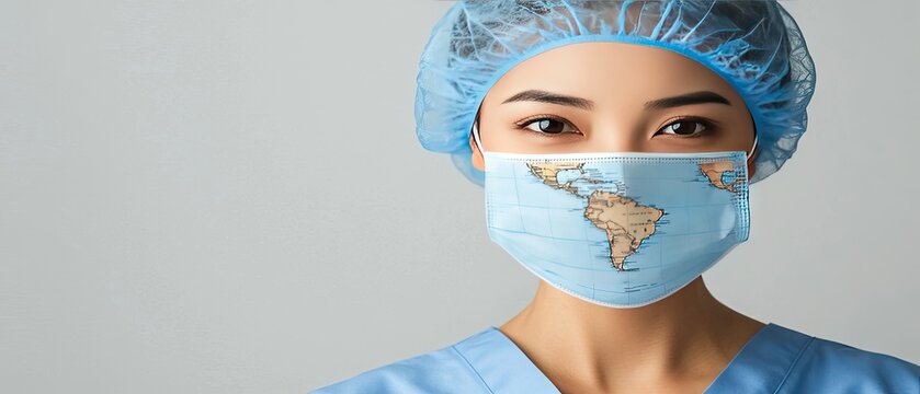 Nurse wearing world map face mask symbolizes global health challenges in modern healthcare setting - Powered by Adobe