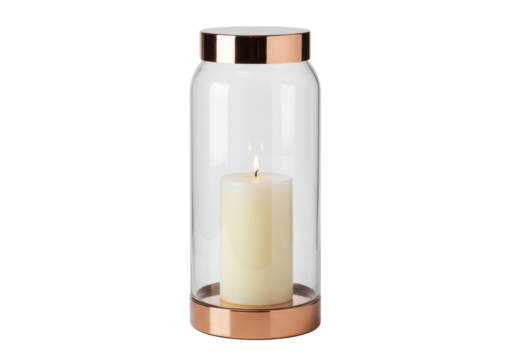 Isolated Candle in Glass Hurricane Lantern with Copper Accents, Home Decor Item