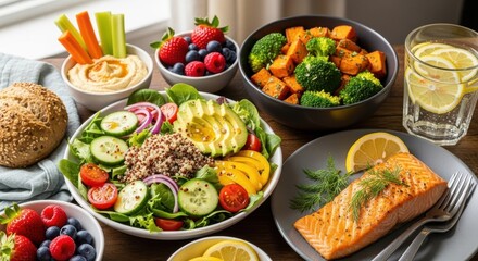 Healthy meal spread with salmon salad vegetables and berries