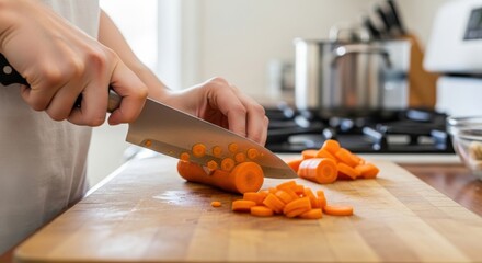Hands chopping fresh carrots on a wooden cutting board