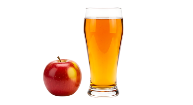 Red apple and tall glass of cider isolated on transparent background