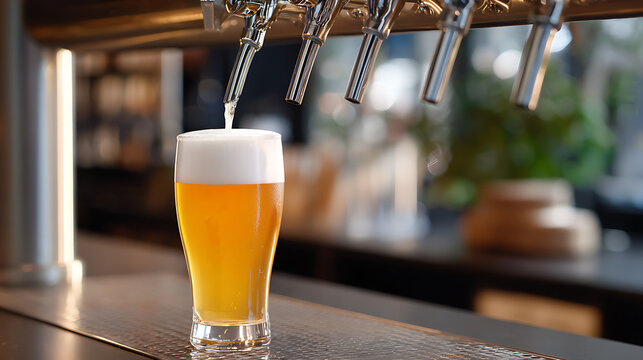Glass of beer on the bar counter in a pub or restaurant.