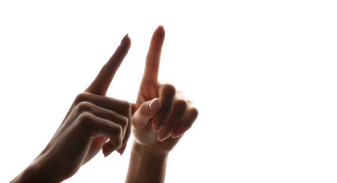 Woman's hands with index finger pointing up, making a touching