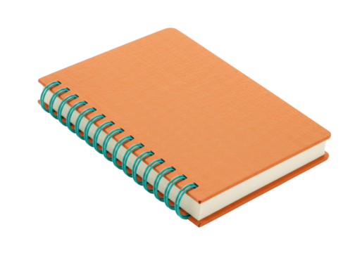 Isolated orange bound notebook with aqua spiral ring, notepad or binder for taking notes