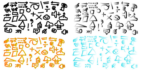 Hand drawn doodle symbols in different colors, featuring a collection of icons, signs, and mathematical symbols