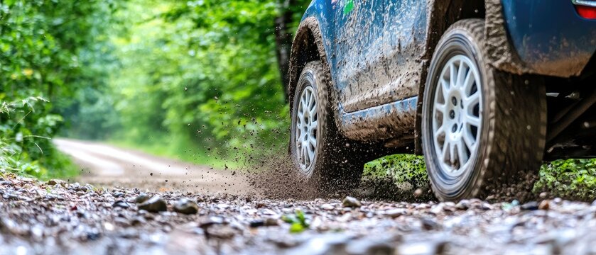 Rally car speeding on a dusty track with dirt flying and trees in the background during a race event