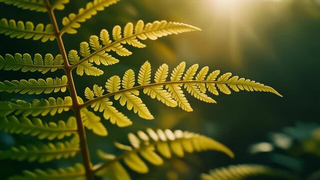Abstract composition of a vibrant fern frond illuminated by diffused morning light, creating a smooth and glowing natural pattern in a serene forest