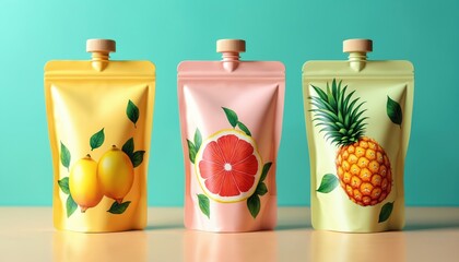 Fototapeta premium Three colorful pouches feature tropical fruit designs. One shows lemons, another grapefruit, and the third a pineapple. Packaging is bright and modern, perfect for juices or smoothies.