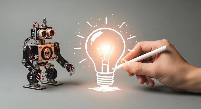 Creative concept of artificial intelligence innovation showing a robot looking at a glowing light bulb being drawn by a human hand, symbolizing AI, technology, creativity, and human-machine 