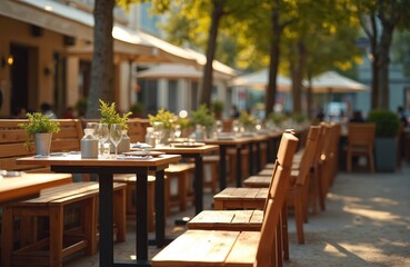 Obraz premium Outdoor restaurant seating with wooden tables and chairs along city sidewalk. Cafe terrace with place settings and green plants, ready for guests.