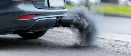 Car exhaust pipe releasing black smoke on the road highlighting air pollution concerns and its impact on the environment