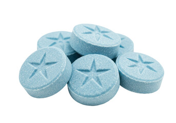 Isolated light blue pills with a star design, medication for pain relief and treatment