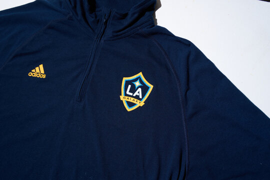 01.01.2025 Adidas LA Galaxy usea soccer team. Travel Jacket Hoodie Training Tee half Zip Soccer Sportswear. Top Isolated on White Background