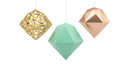 Three geometric crystal shapes isolated on transparent background
