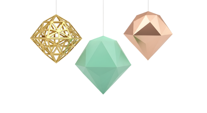 Three geometric crystal shapes isolated on transparent background - Powered by Adobe