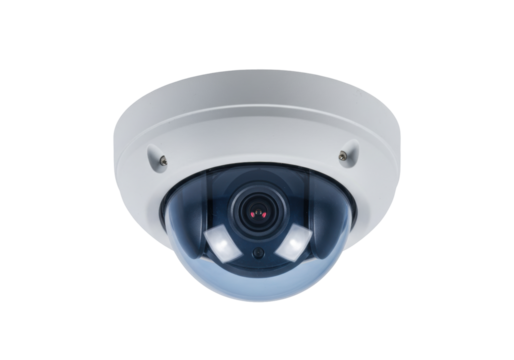 Isolated surveillance security camera, dome shape for safety and crime prevention, technology