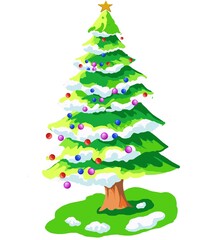Cartoon Christmas fir trees, decorated and covered with snow green xmas trees. Winter holiday symbol flat illustrations . Christmas fir trees collection green christmas tree