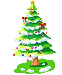 Cartoon Christmas fir trees, decorated and covered with snow green xmas trees. Winter holiday symbol flat illustrations . Christmas fir trees collection green christmas tree