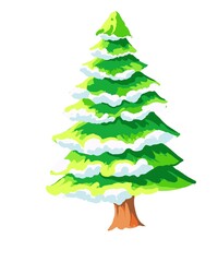 Cartoon Christmas fir trees, decorated and covered with snow green xmas trees. Winter holiday symbol flat illustrations . Christmas fir trees collection christmas tree isolated on white