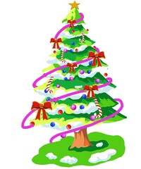 Cartoon Christmas fir trees, decorated and covered with snow green xmas trees. Winter holiday symbol flat illustrations . Christmas fir trees collection abstract christmas tree