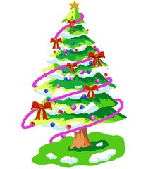 Cartoon Christmas fir trees, decorated and covered with snow green xmas trees. Winter holiday symbol flat illustrations . Christmas fir trees collection christmas tree vector illustration