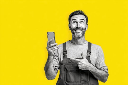 A man housemate or plumber holds a smartphone to his ear and makes a "call back" gesture with his hand. The man is black and white on a yellow background.