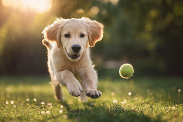 Golden Retriever puppy chasing a tennis ball through sunlit grass at golden hour — playful outdoor pet portrait full of energy