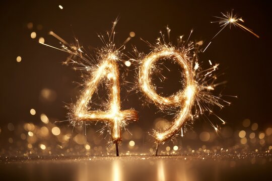 Sparkling Number 49 Celebration with Golden Fireworks on Background