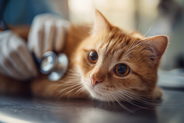Close-up of a ginger cat at the veterinarian: stethoscope exam, wide amber eyes, soft fur and caring gloved hands in clinic