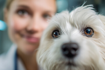 Close-up of a fluffy white dog at the veterinary clinic — warm brown eyes and soft fur in sharp focus, with a smiling vet softly blurred behind