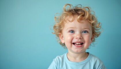 Naklejka premium Cute baby with curly blond hair and blue eyes smiles widely showing teeth. Toddler has happy expression against teal background. Small child looks joyful and playful.