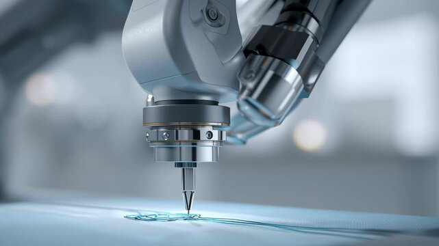 A robot is sewing a piece of fabric. The robot is made of metal. Macro shot surgical robot micro cable routing clean path management, refined industrial medtech engineering, surgical robot system