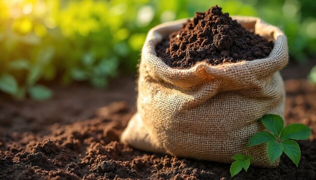 Burlap sack full of dark soil sits in garden bed. Rich earth ready for planting enriching soil for plant growth. Sustainable gardening material.