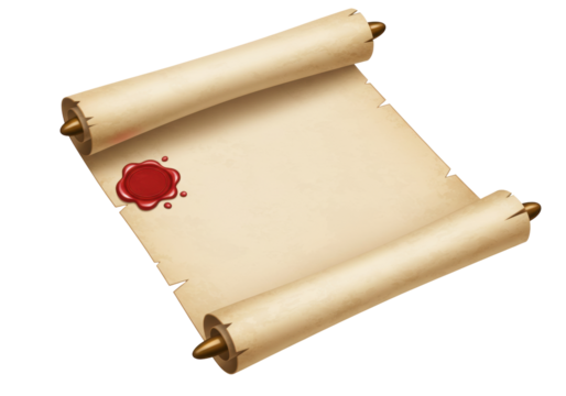 Isolated manuscript scroll with red wax seal, aged paper document or antique parchment roll