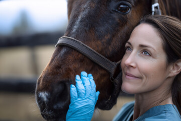 Compassionate veterinarian bonding with a gentle brown horse during an outdoor equine exam - closeup portrait of trust and care