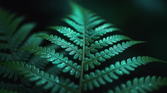 Lush-green fern frond bathed in ethereal light, highlighting nature's intricate details and serene beauty in a dimly lit forest undergrowth scene