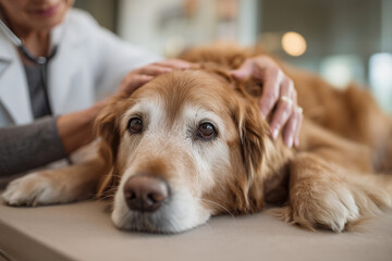 Gentle veterinarian comforting a senior Golden Retriever on the exam table — serene close-up of a calm, trusting dog receiving compassionate care