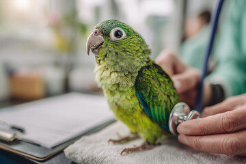 Bright green parrot receiving a veterinary checkup with a stethoscope on a towel in a modern avian clinic &mdash; close-up pet care and bird wellness concept