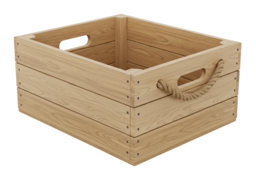 Isolated wooden crate for storage with handles, wood planks and fasteners, in studio light