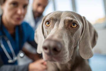 Close-up of a Weimaraner at the veterinary clinic: golden eyes and inquisitive expression during a pet checkup, conveying trust and care