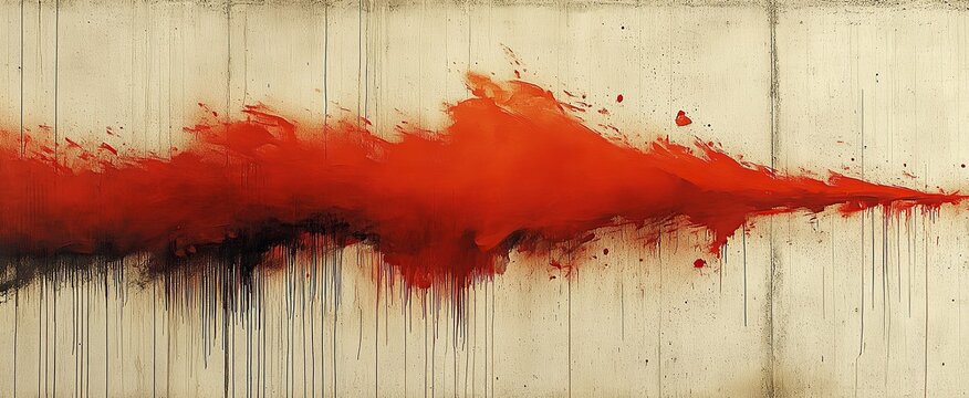 Abstract Vibrant crimson streak over weathered, textured canvas with dripping pigment details