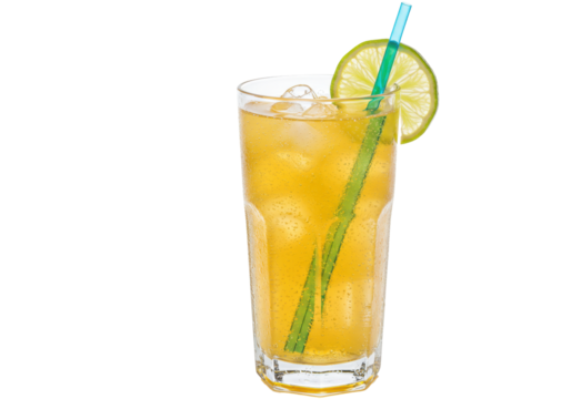 Isolated tall glass of refreshing iced tea with a lime slice and blue straw for a cool summer