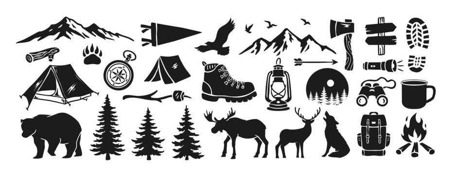 Outdoor adventure vector set with camping gear, mountains, wildlife, trees, and travel icons. Perfect for badges, t-shirt designs, hiking posters, and nature-themed branding.