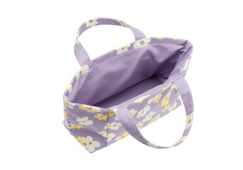 Isolated pastel lavender bag with floral pattern and tote straps for shopping or travel