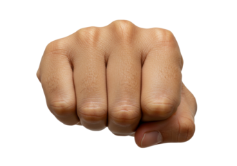 Isolated raised fist ready to strike, powerful aggressive pose, strong male hand action