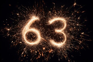 Sparkling Number 63 in Fireworks Glow on Dark Background
