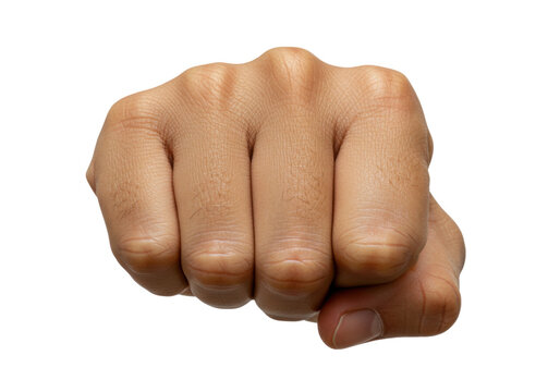 Isolated raised fist ready to strike, powerful aggressive pose, strong male hand action