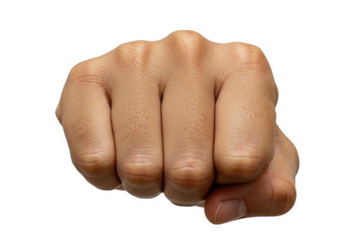 Isolated raised fist ready to strike, powerful aggressive pose, strong male hand action