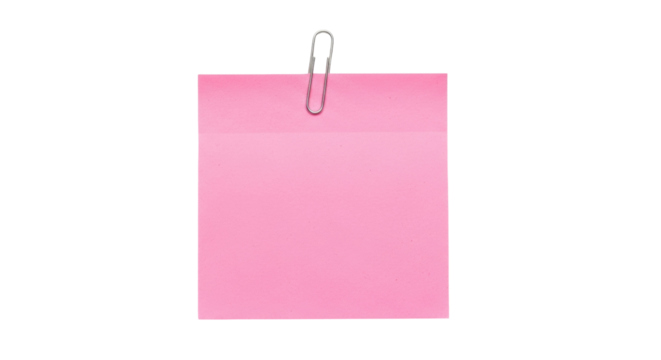 Isolated pink sticky note attached with clip, a convenient reminder for important tasks